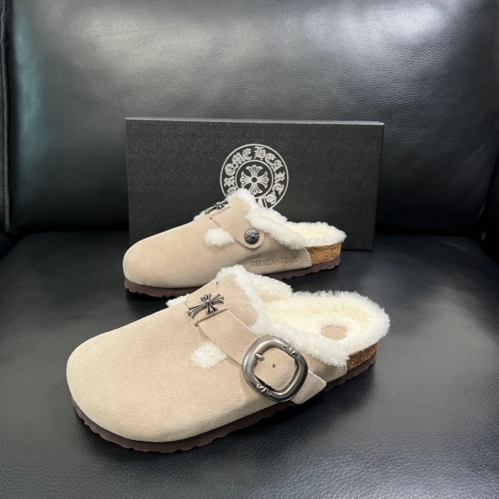 Chrome Hearts Cream Suede Shearling Clogs with Silver Buckle - Picture 2 of 9